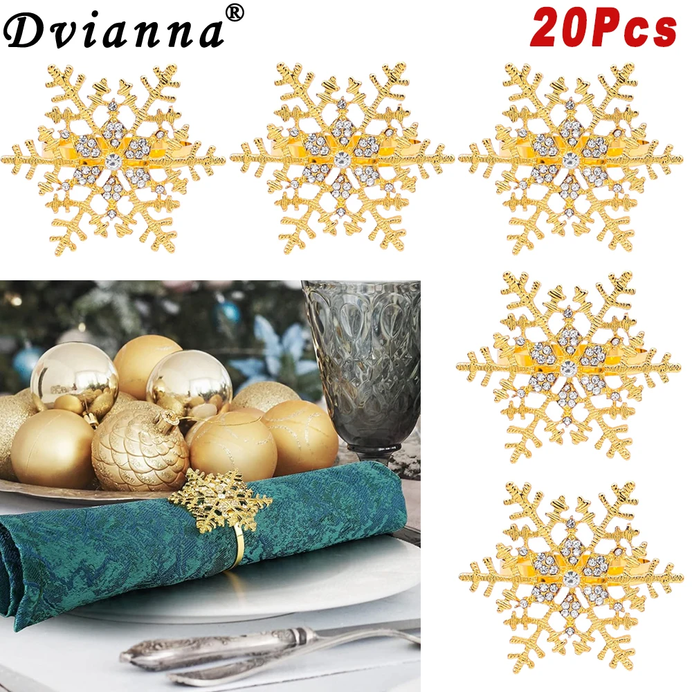 

Dvianna 20pcs Gold Silver Snowflake Napkin Rings Set, Crystal-Embellished, Ideal for Christmas & Winter Event Table Decoration