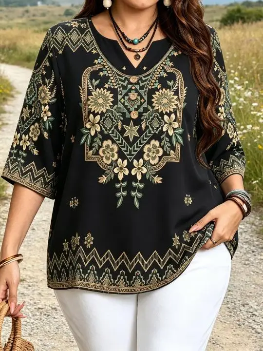 Women Boho Vintage Geometric Chest Floral Print Blouse For Curvy Figures Notched Neck 3/4 Sleeve Loose Casual Ladies Tops