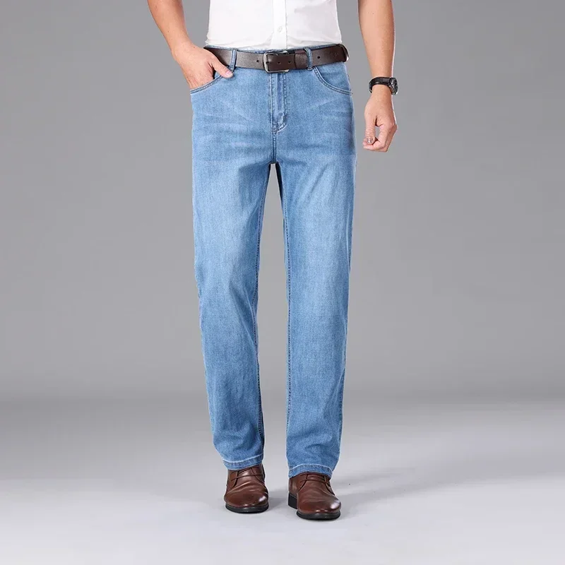 2026 Summer Brand Clothing Men's Straight Loose Lightweight Jeans Classic Badge Business Casual Thin Cotton Stretch Pants