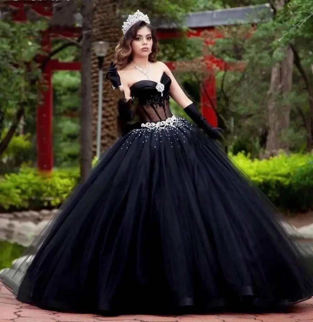 Black Sweetheart Tulle Ball Gown Quinceanera Dresses Sparkly Crystals Birthday Party Gowns Proms Meninas De 15 Anos Porno