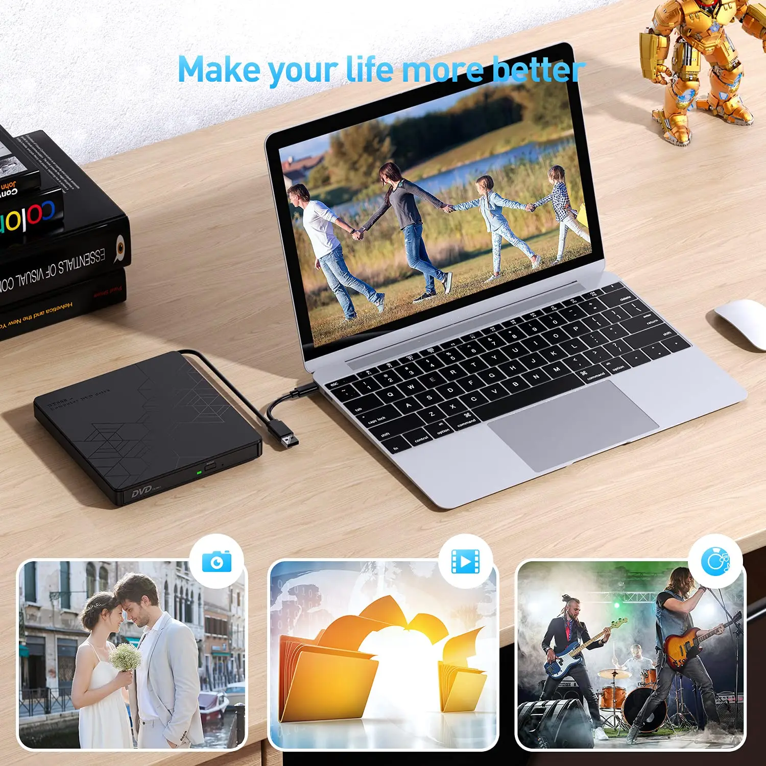 Unidad de DVD externa USB 3,0 tipo C, adaptador de CD ROM +/-RW con puerto USB, quemador de DVD para ordenador portátil, PC, unidad de disco óptico