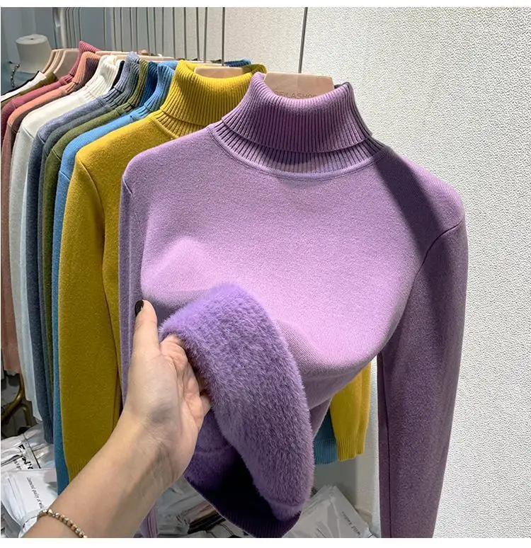 2025 New Thicken High Collar Pullover Women's Sweater Top Winter Warm and Soft Solid Color Inner Wear Bottoming Shirt