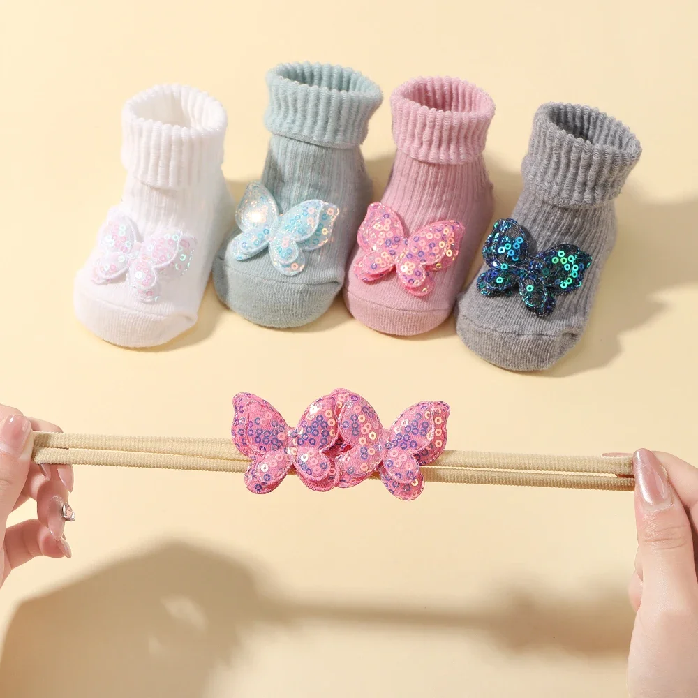 1 Set Cute Cartoon Baby Socks Hair Band Infant Toddler Non Slip Breathable Short Socks Newborn Sequin Bows Headband Sets Gift