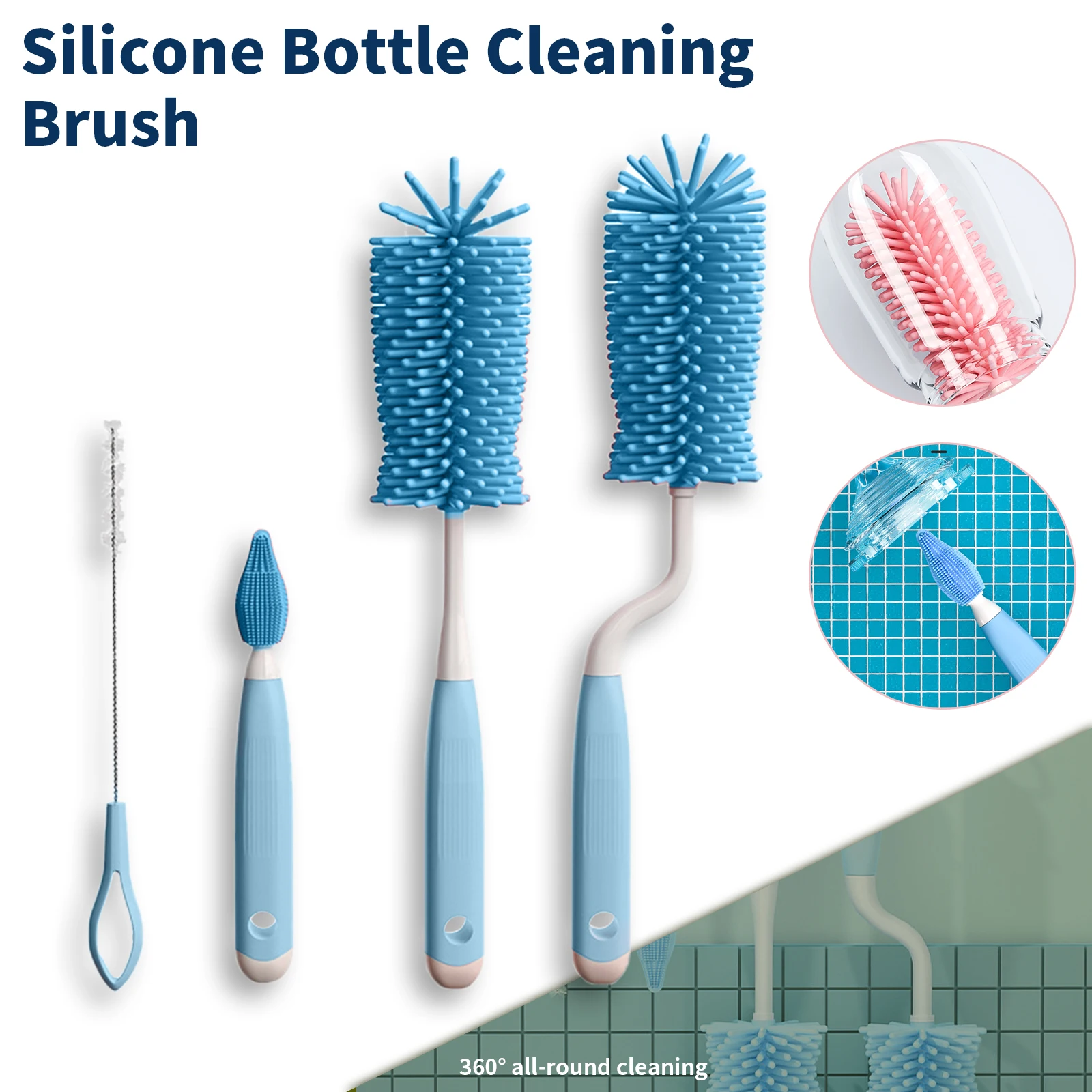 Set di spazzole per biberon in silicone Set multifunzionale per la pulizia e la conservazione dei biberon 360 °   Set per la pulizia della cucina senza angolo morto