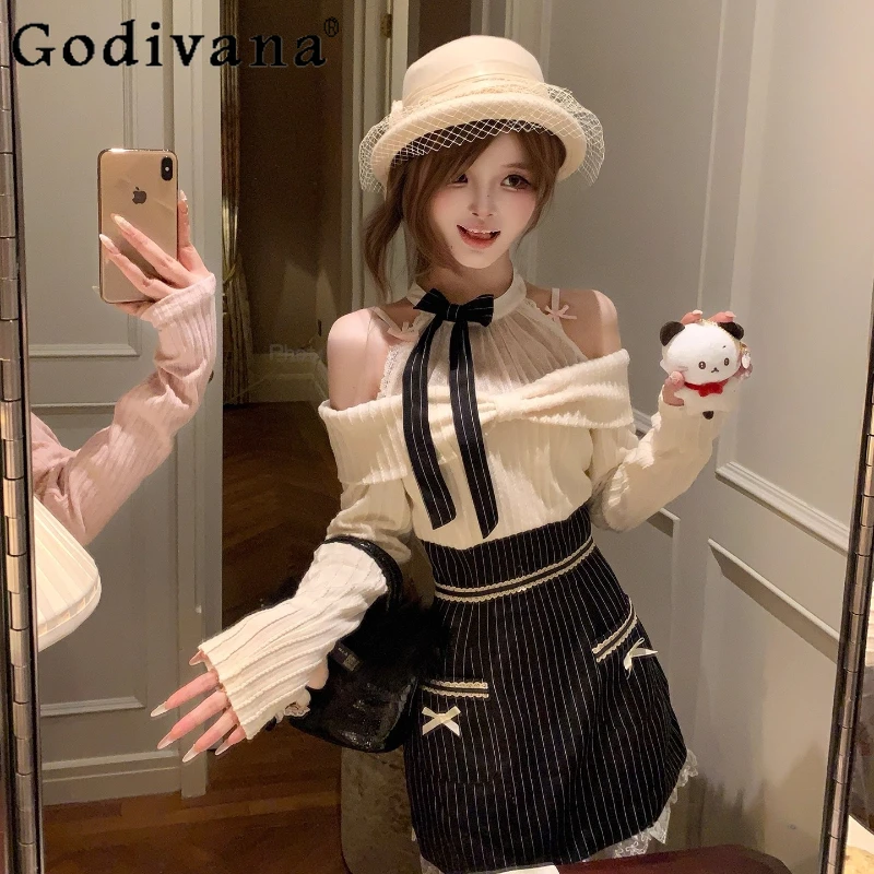 

Japanese Style Women's Lolita Dress Original New Sweet Cute Clear Strapless Dress Female Autumn Striped Princess Short Dress
