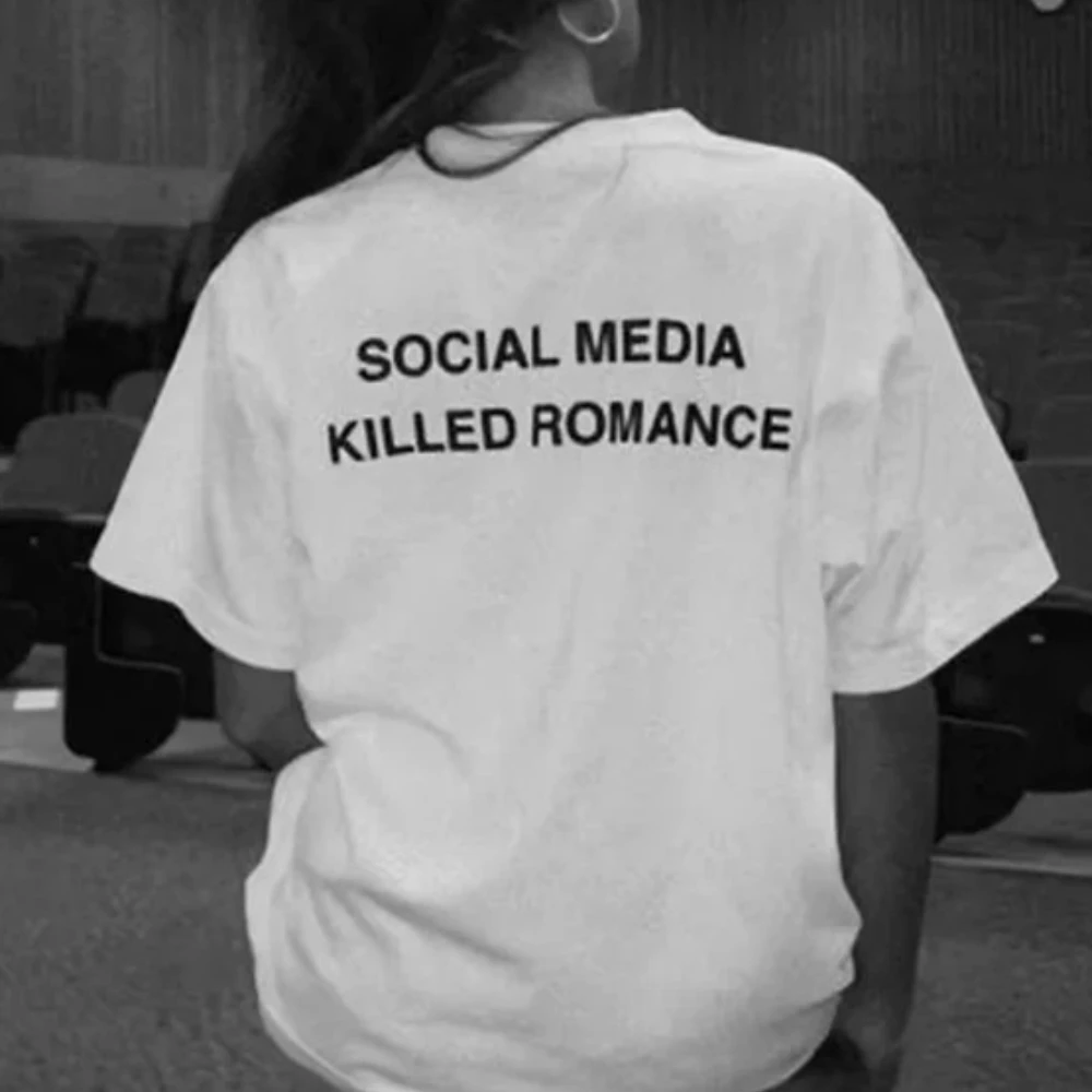 2025 Social Media Killed Romance Summer Cotton T-Shirt Men Women Aesthetic Valentine's Print TShirt Couple Tee Tops Clothing