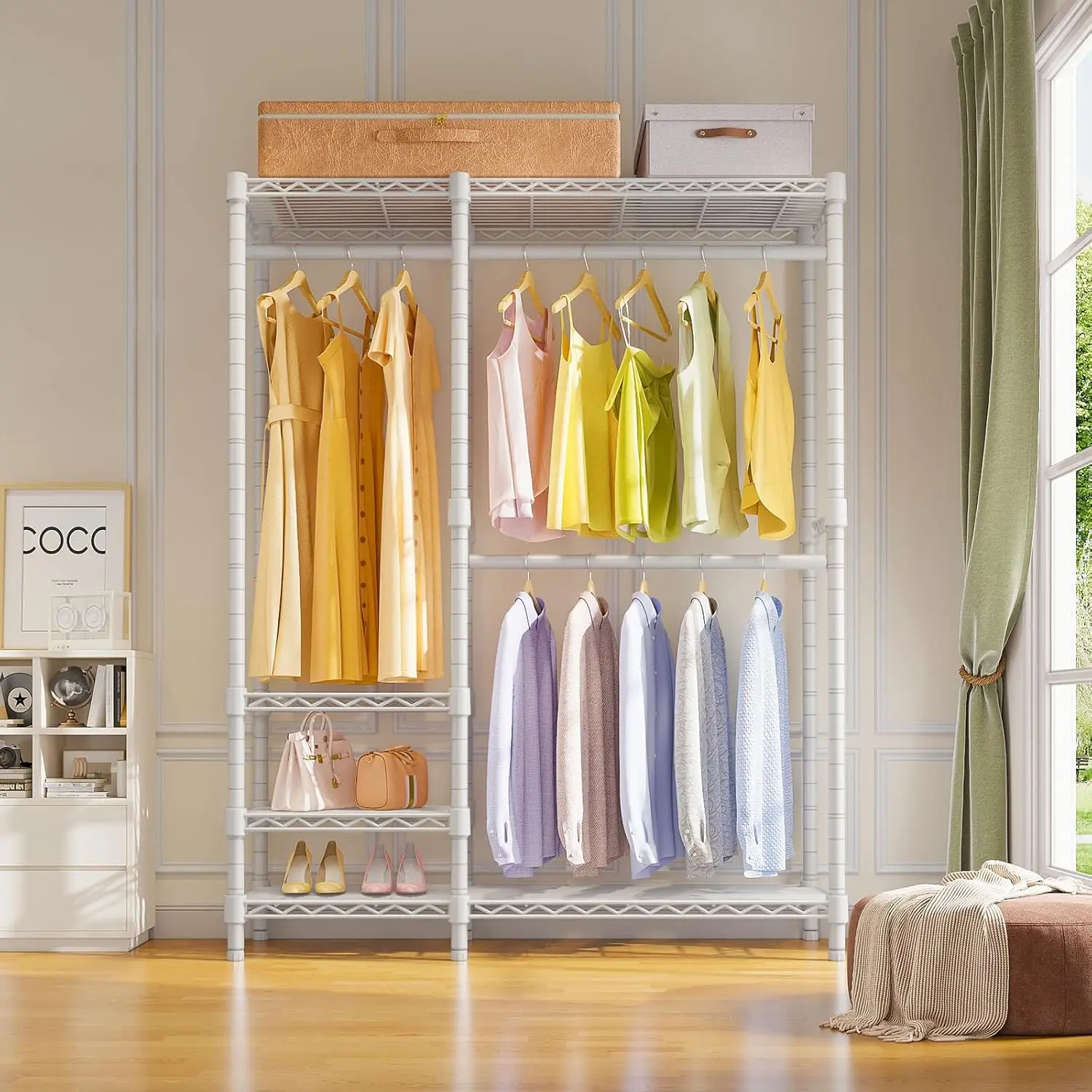 V2i 휴대용 의류 랙, 4개의 선반과 2개의 막대 포함, 고강도 금속 옷걸이, 최대 하중 700파운드