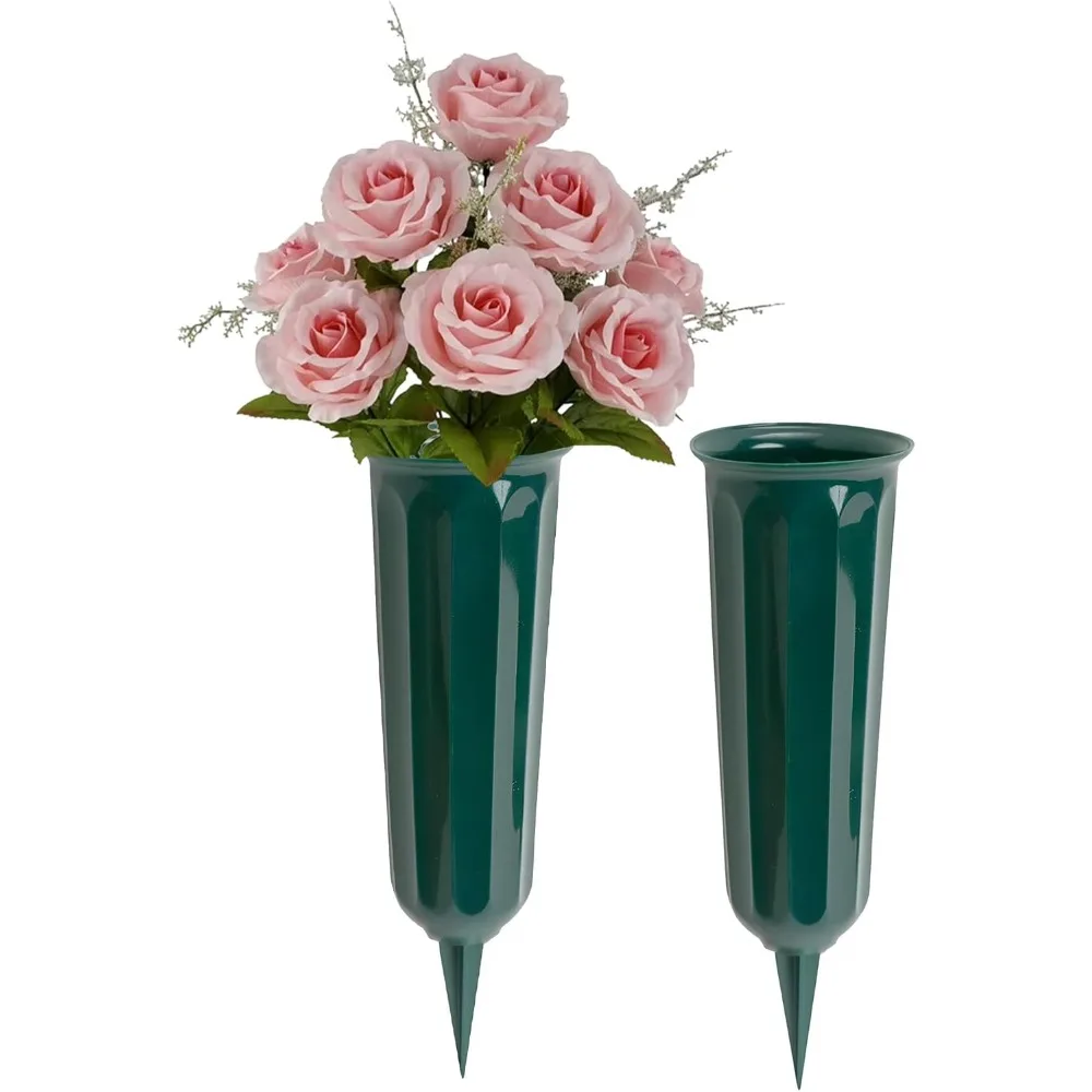 

A set of 2 green cemetery vases, including wooden stakes