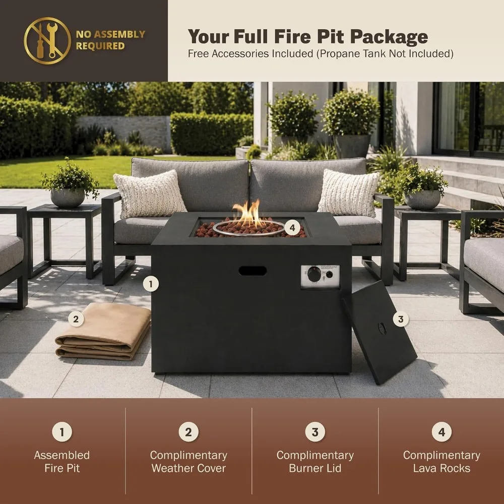 32 Inch Square Propane Fire Pit Table Black