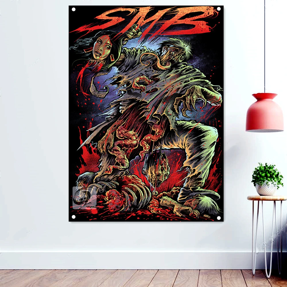 SMB Dark Metal Band Artwork Banners Wall Sticker Scary Bloody Skull Background Wallpaper Canvas Painting Rock Music Flags Poster