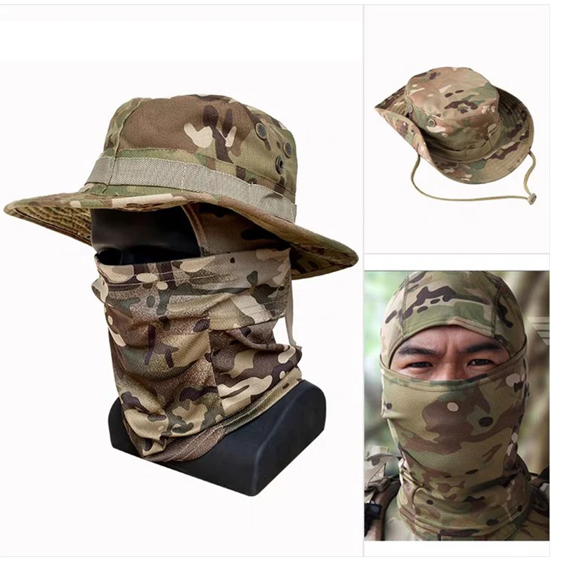 Camouflage Sunscreen Caps Tactics Boonie Cap Balaclava Hat Suit Foldable Soft Hat Outdoor Hunting Fishing Wide Brimmed Hat