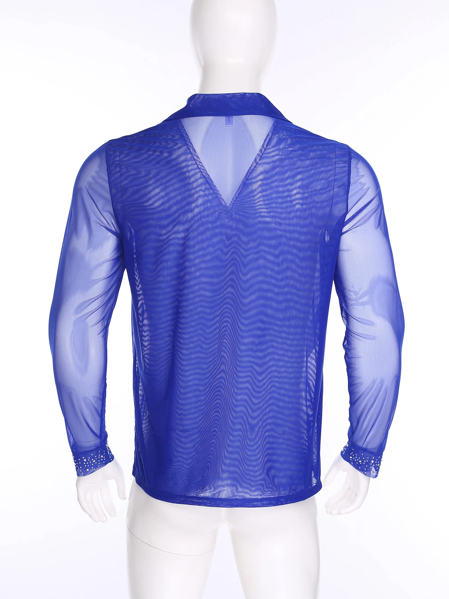 남성 라틴 댄스 의상 메쉬 라인스톤 댄스 셔츠 피겨 스케이팅 의상 댄스 경연 대회 공연용 발레 댄스웨어