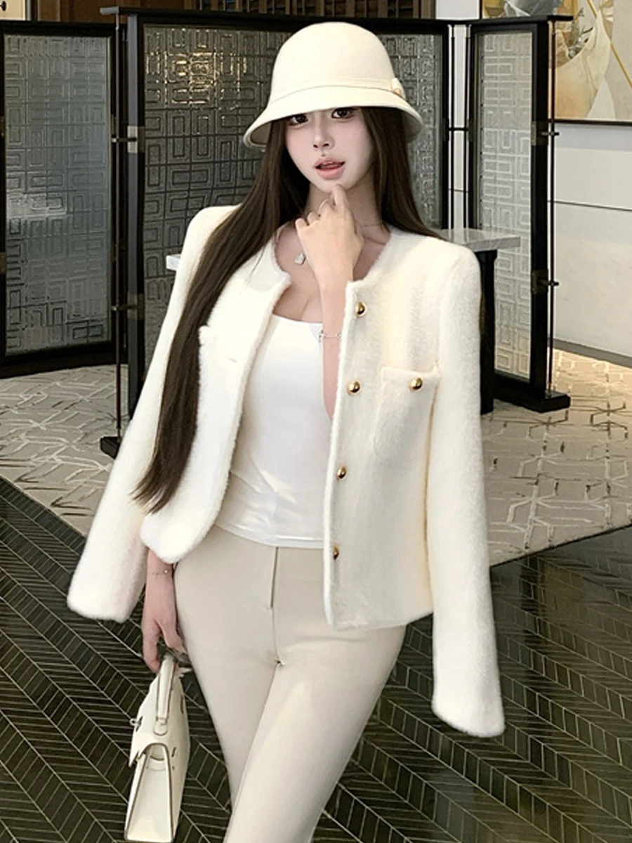 French Style Sexy Metal Single Row Woolen Coat Loose Slimming Design Straight Open Cardigan Top for Women Warm Long Sleeve