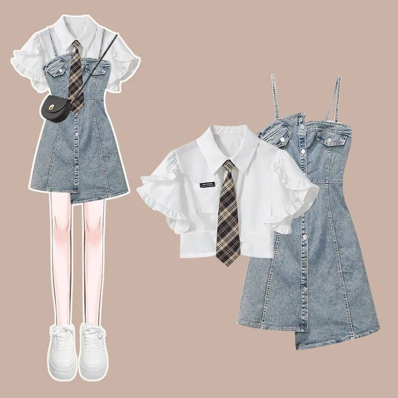 

Women's 2025 Summer New Short Sleeved Shirt+sexy Denim Skirt Two-piece Suit Korean Elegant Cardigan+irregular Dress Matching Set