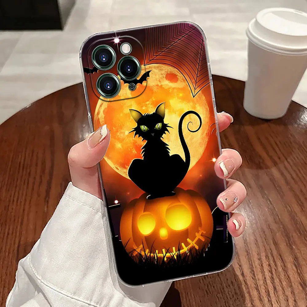 

Happy Halloween Pumpkin Cat Bat Witch Transparent Case For Apple iPhone 17 16 15 14 13 12 11 Pro Max 16 E Plus 17Air Phone Cover