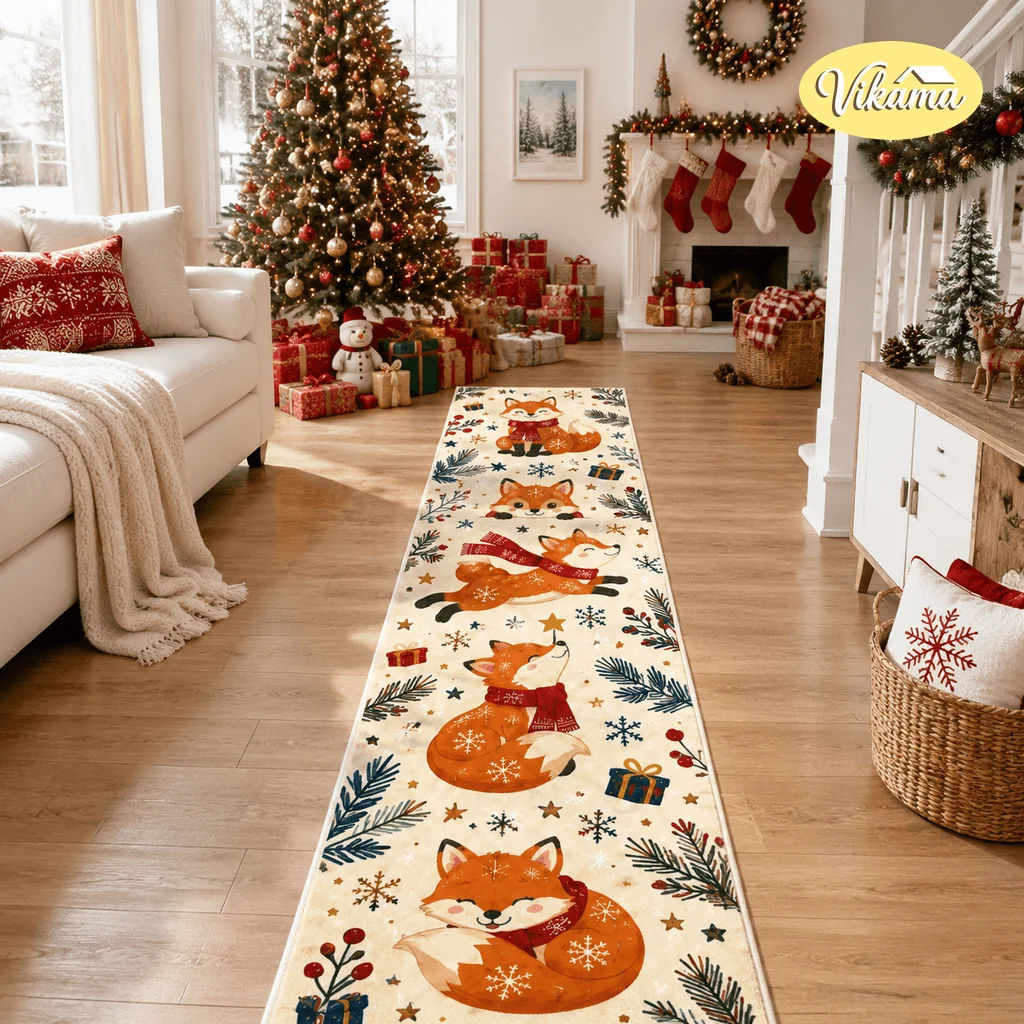 VIKAMA Christmas Flannel Carpet Kitchen Water Absorbent Dining Room Living Room Corridor Easy-To-Maintain Rug Home Decoration