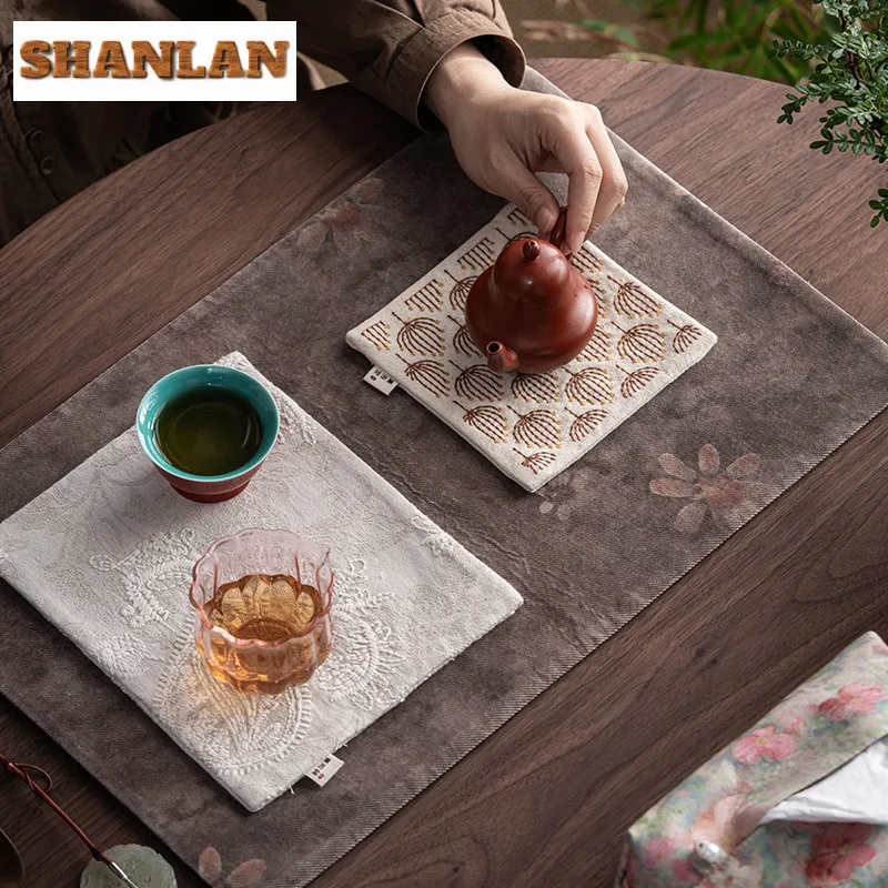 Sashiko Embroidery Dandelion Pot Bearing Holder Teaware Heat Insulation Pad Dry Soaking Table Tea Tray Coasters Cha Ornaments view 2
