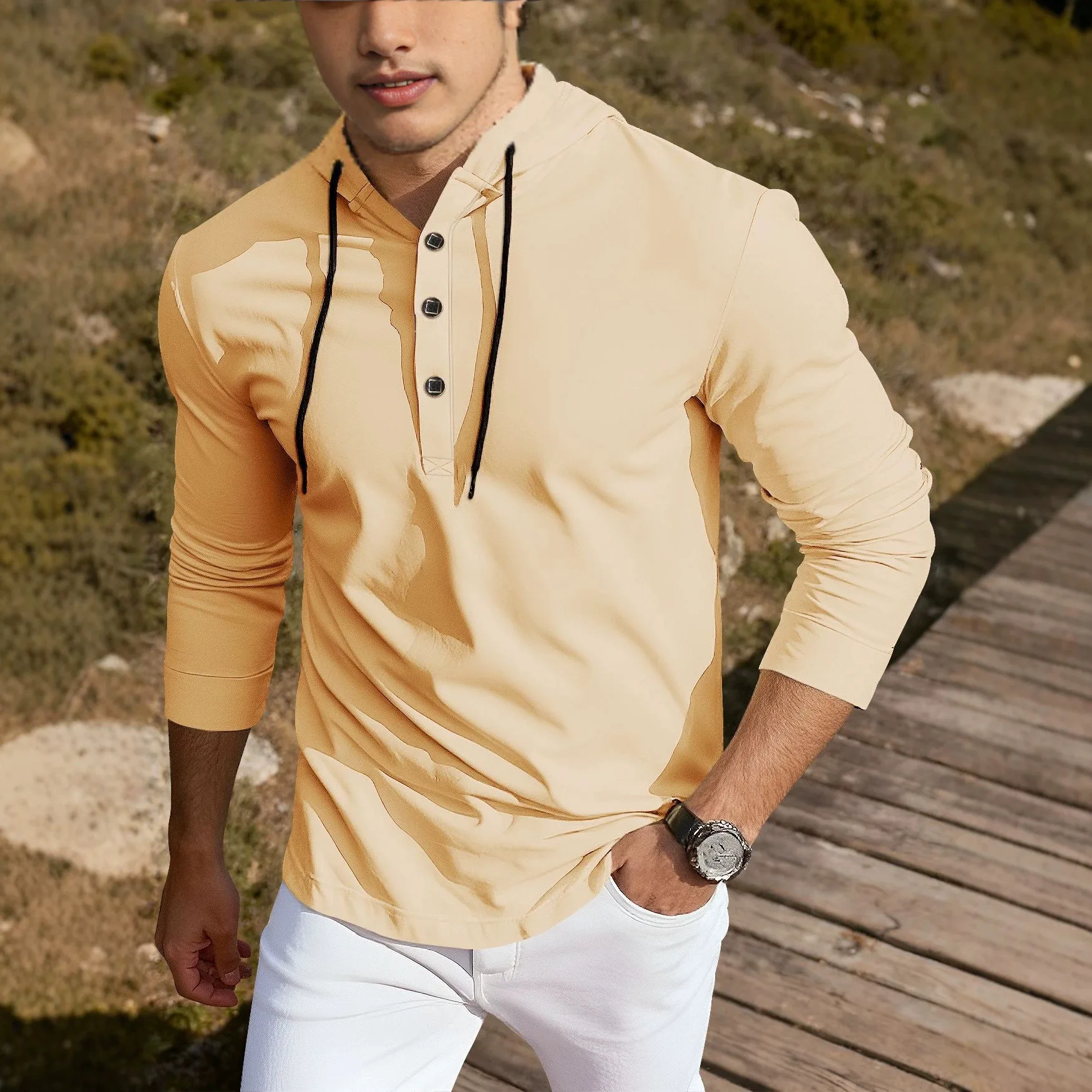 Men's Henry Neck Hooded Solid Color Half-Button Long-Sleeve Sweatshirt, Elastic Knit Casual Sports Shirt