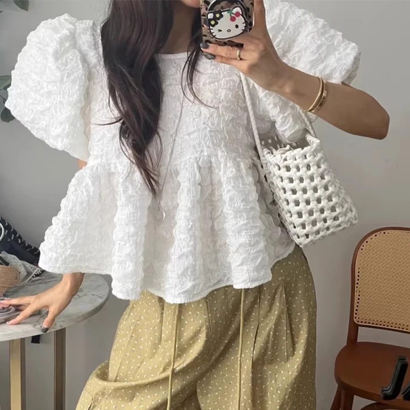

Gagarich Pleated Ruffle Edge Shirt Women Summer New Style Age Reducing Temperament Loose Short Style Fluffy Top