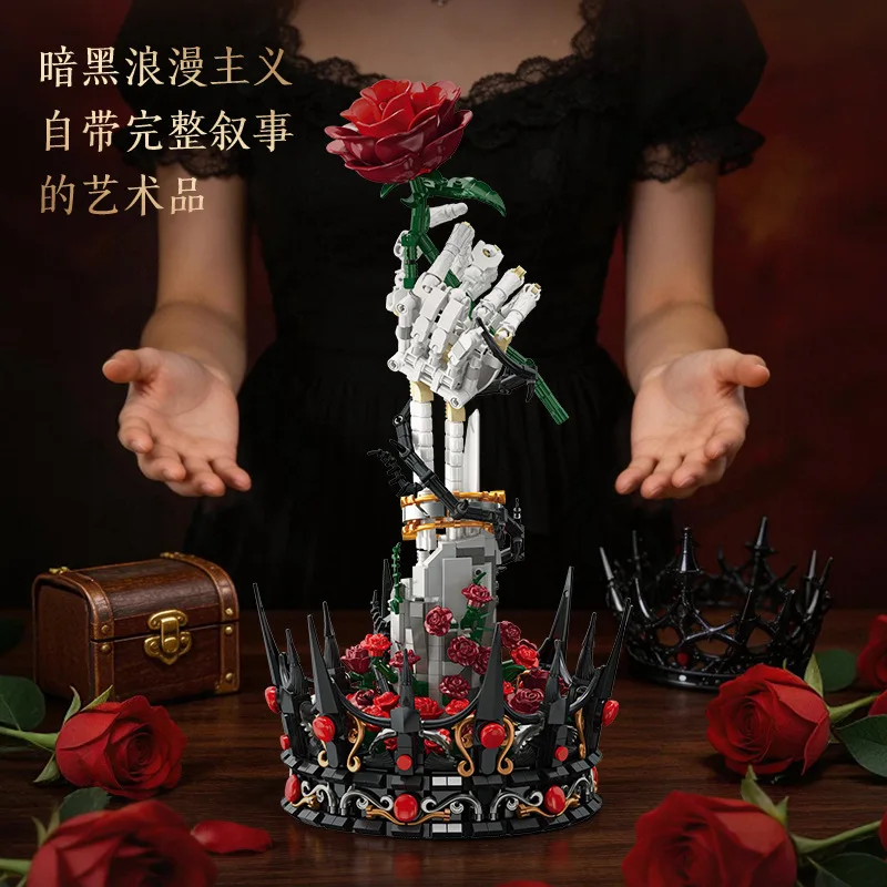 Halloween MOC Building Blocks Gothic Skeleton Holding Rose In Hand Black Romantic Crown Thorn Bricks Toys Compatible With LEGO