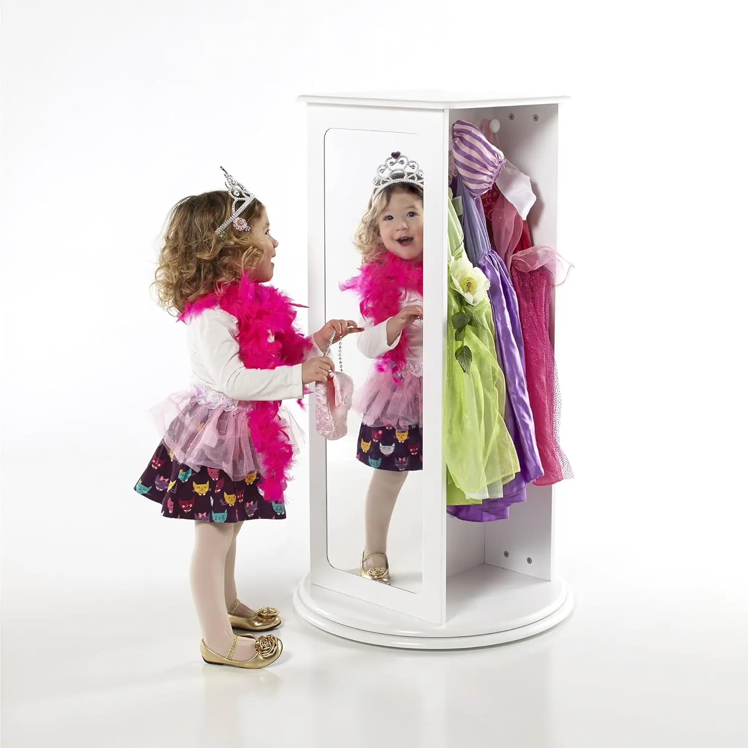 Rotating Dress-Up Storage - White: Kids' Armoire with 2 Mirrors, Cubbies & Hooks for Costumes, Clothes, Shoes and Accessories -