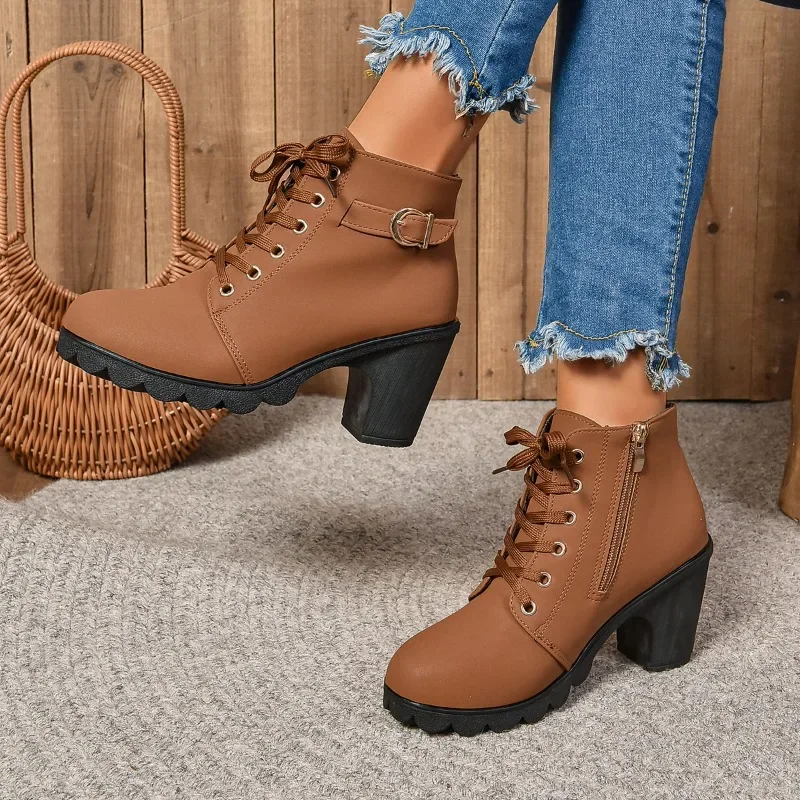 2024Women High Heel Ankle Boots Autumn Winter Booties Woman Fashion New Lady Shoes Brown Black Short Boot Female Botas De Mujer