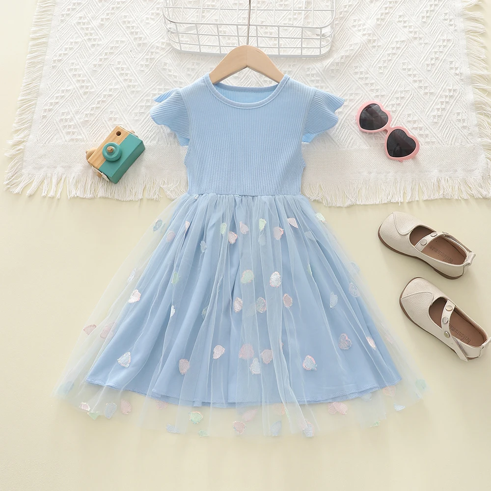 Summer Dress Pure Blue Bespangle Grenadine Casual Girls Party Dress Children Soft Clothing