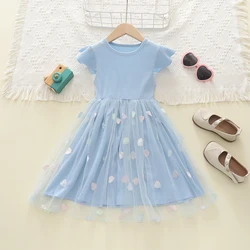 Summer Dress Pure Blue Bespangle Grenadine Casual Girls Party Dress Children Soft Clothing