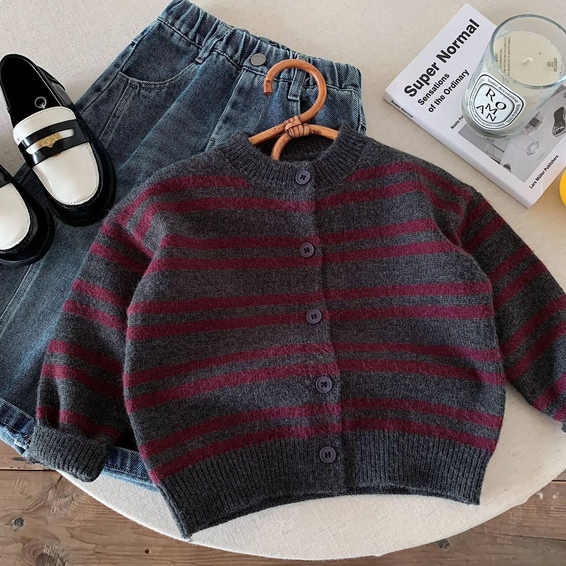 Boys' knitted cardigan 2026 autumn and winter new children's retro striped sweater jacket, boys' deep autumn top
