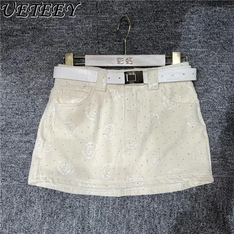 Pure Desire Spice Girl Wind Hot Diamond Flower Hip Mini Skirt Women's Autumn and Winter New Sexy Thin with Belt Short Skirts