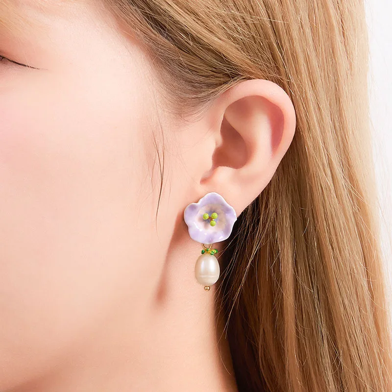 Hand-painted Enamel Colorful Morning Glory Stud Earrings Pearl Pendant Niche Design Natural Fresh Dainty for Women Fine Jewelry