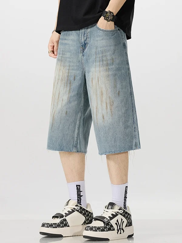 

High-End Vintage Men's Wide-Leg Seven-Foot Denim Jeans American High Street fiti Loose Straight Knee-Length Middle Pants