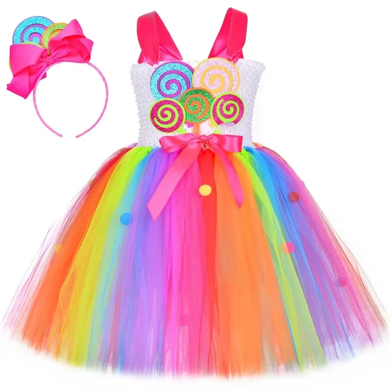 2025 Purim Festival Lollipop Candy Dress for Girls Hand Knitted Skirt Mesh Splicing Cosplay Costume Candy Princess Dresses