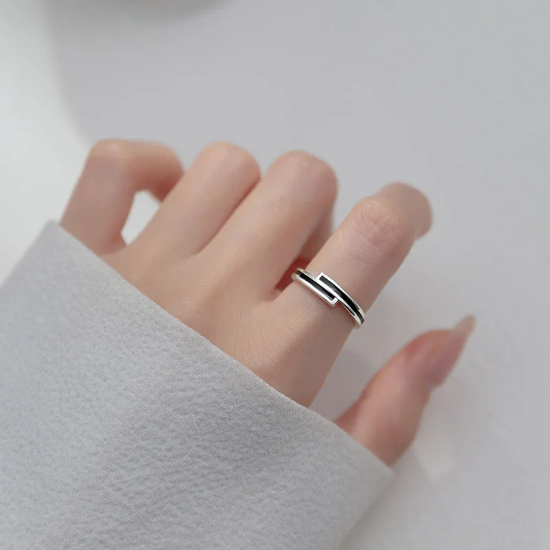 SOFTPIG Real 925 Sterling Silver Black Enamel Round Adjustable Ring For Fashion Women Cute Fine Jewelry Minimalist Accessories