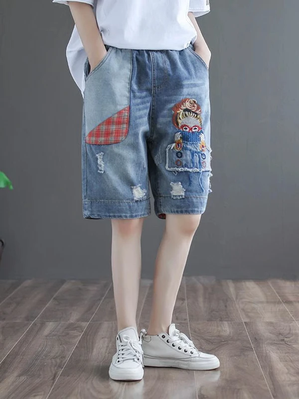 Retro Artistic Embroidery Summer Denim Five-Point Pants Women's Patchwork Loose Straight Thin High Waist Hot Pants