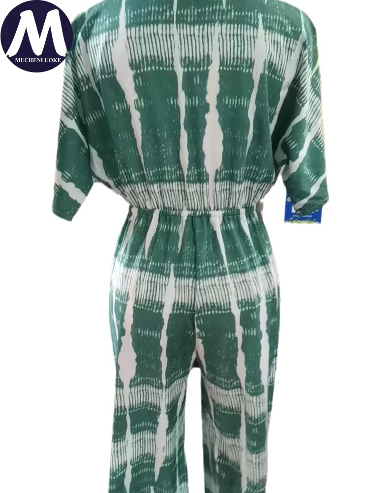 여성용 루즈한 하이 웨이스트 레이스 업 점프수트, 프린트 쿼터 슬리브, V 넥 점프수트, 캐주얼, 여름, 신상품, 패셔너블