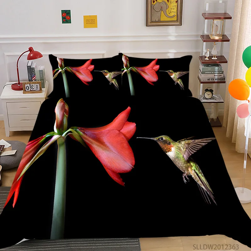 Hummingbird Duvet Cover Set King/Queen Size Small And Cute Tropical Bird Yellow Flower Green Leaves Polyester  Bedding Set Women