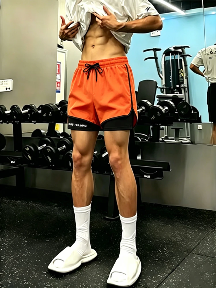 

Orange Training Shorts for Men Summer Ice Silk Quick Dry Running Pants US Style Fitness Three-quarter Length Breathable Shorts