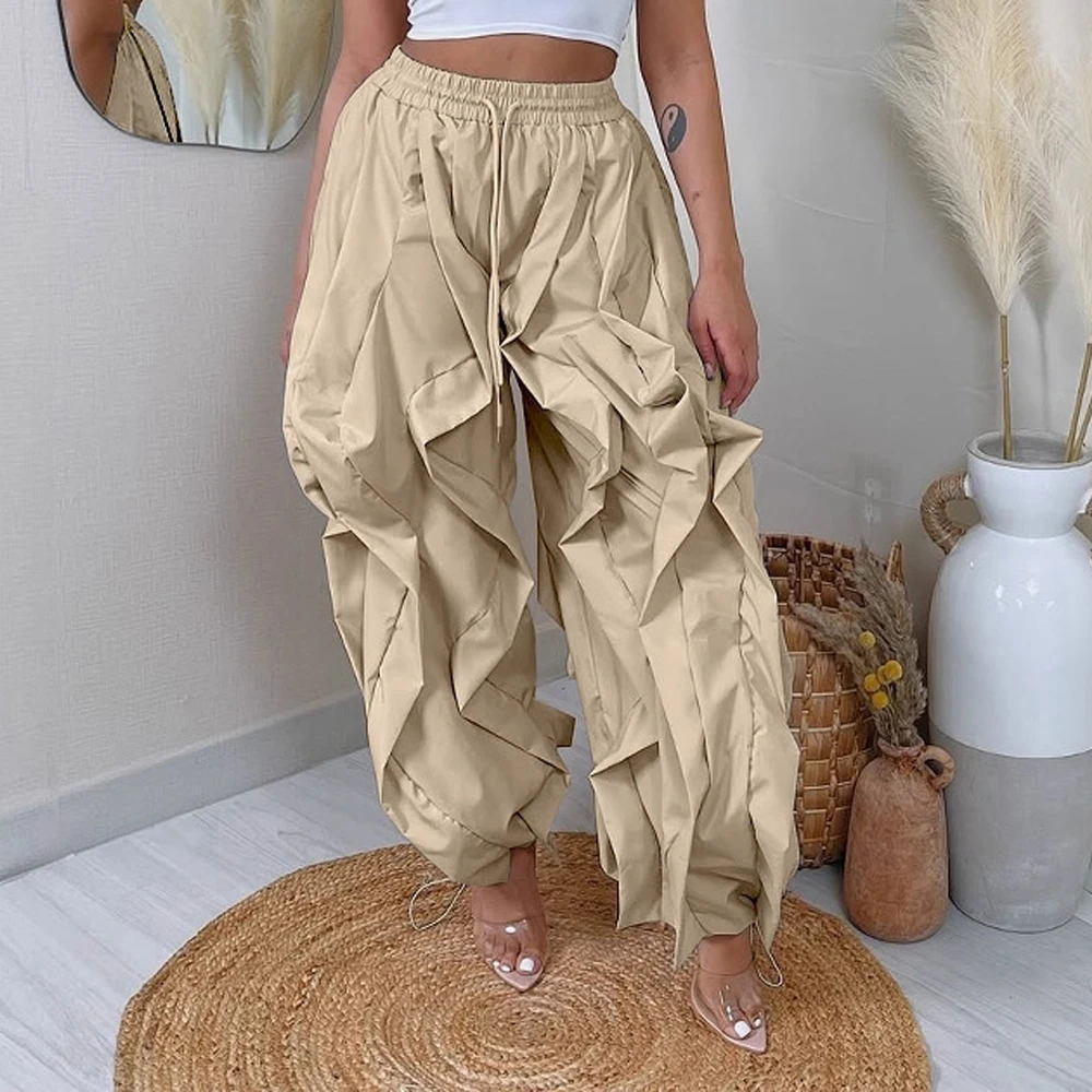 Sommer Mode 2025, Frauen Rüschen Drucken Cargo Hosen Casual Neue Weibliche Streetwear Jogger Elastische Hohe Taille Lose Laterne Hosen – Detail 3