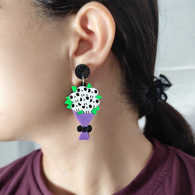 KUGUYS هالوين هيكل جمجمة باقة الاكريليك أقراط المرأة القوطية الأزهار مجوهرات فريدة مخيف هدية اكسسوارات #3