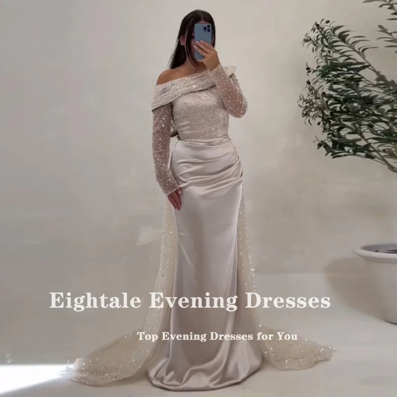 Eightale Elegant Evening Dresses Sequined High Side Slit Long Sleeves Satin Customized Prom Gown Wedding Party Abendkleider