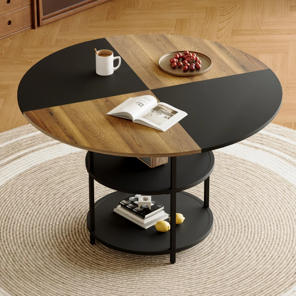 

47.3-inch modern splicing circular dining table: double-layer storage, wood & black fan-shaped diagonal color, home aesthetics &