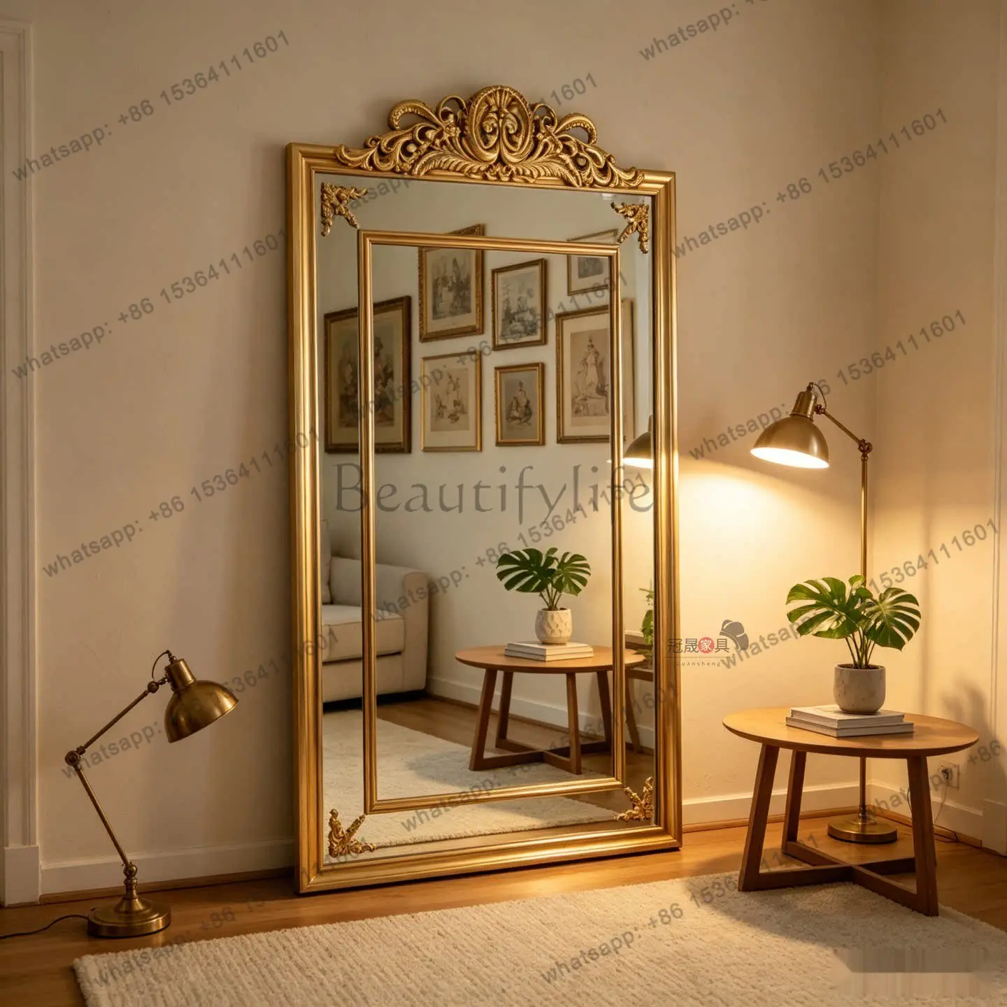 French retro luxury full-body mirror home carved European-style villa entrance floor-to-ceiling decorative mirror