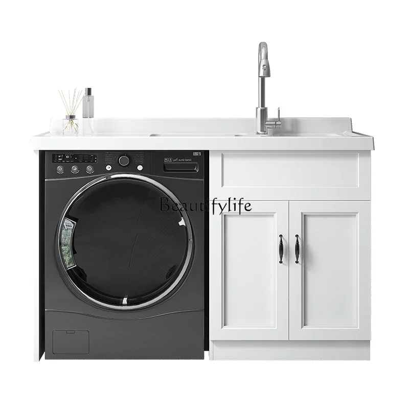 02*Balcony washing machine cabinet combination with rubbing board hand washing sink basin integrated