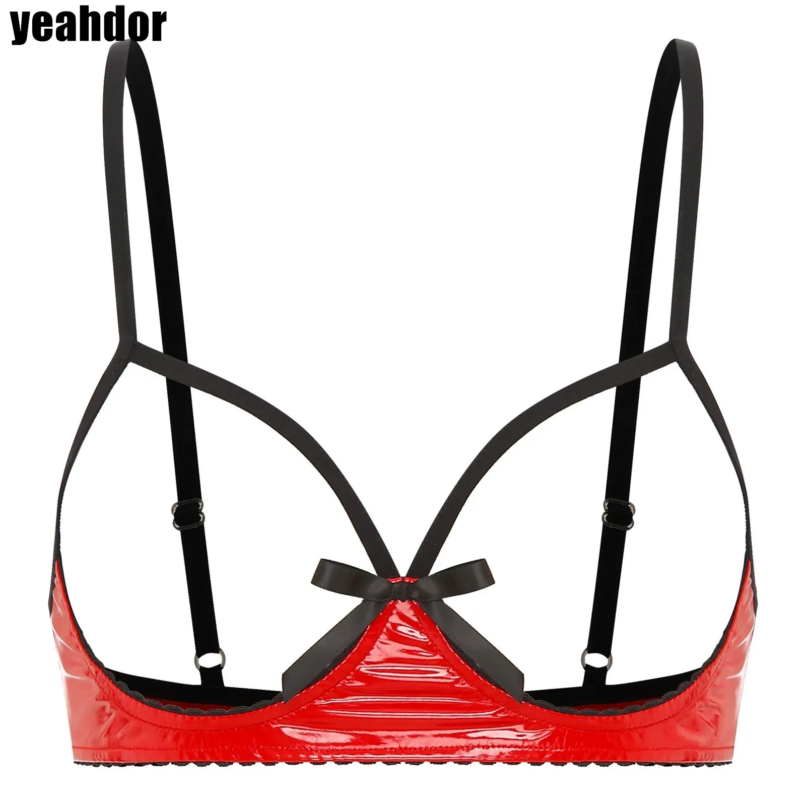 Womens Tempting Cupless Bra Spaghetti Straps Cute Bow See Through Wireless Unlined Wet Look Bra Tops Sexy Lingerie