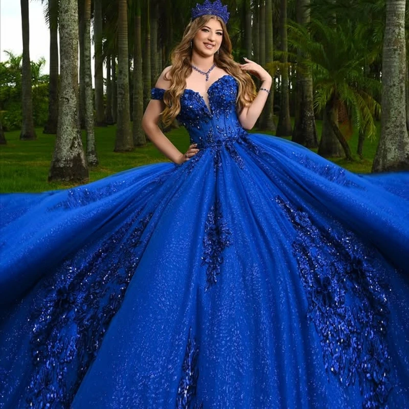 

Royal Blue Shiny Quinceanera Dresses Off The Shoulder Applique Lce Beading Crystal Tull Party Birthday Sweet 16 Dress Vestidos