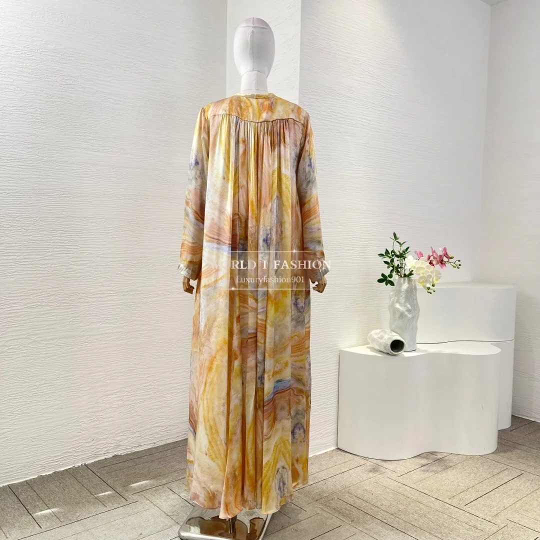 

Pure Silk 2025 Beach Style Holiday Loose Mixed Color Full Sleeve Women High Quality Long Dress