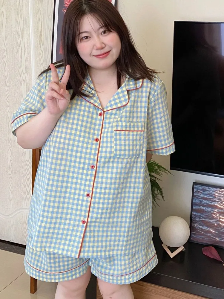 Plus size 100kg Plaid Cotton Pajamas Women's Summer 2024 New Cotton Net Red Wind Home Clothes suit Summer M-5XL