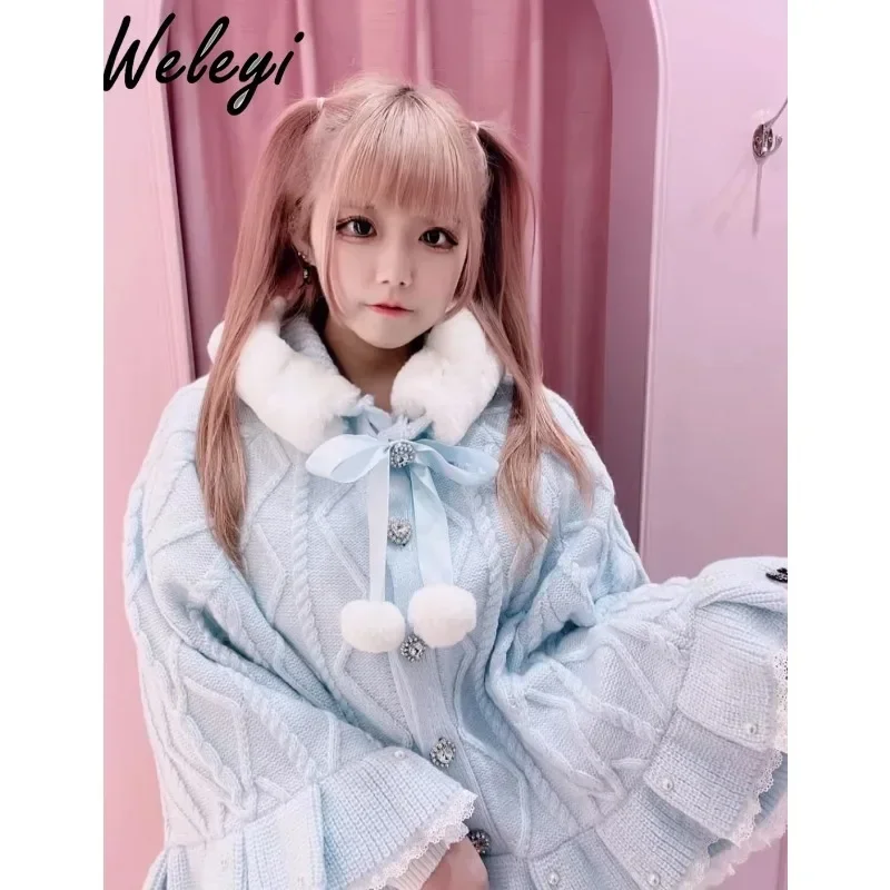 Lolita Shawl Jirai Kei Girl Sweet Sweater Cloak Coat Autumn New Japanese Kawaii Cute Women\'s Doll Neck Glutinous Knitted Capes