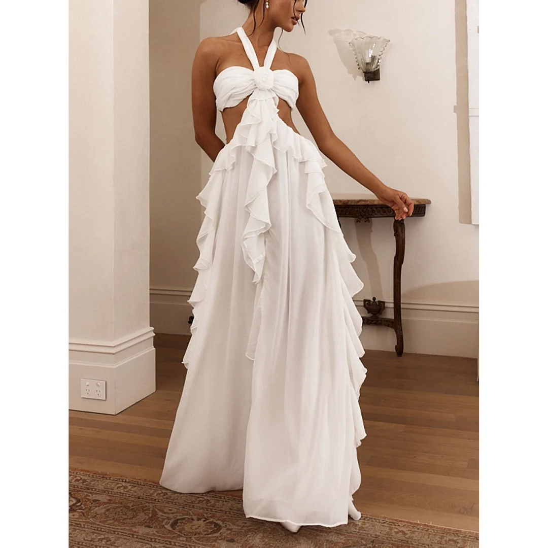 

European and American Sexy Women's New Halter Off-the-Shoulder Midriff Outfit Ruffled Solid Color Dress